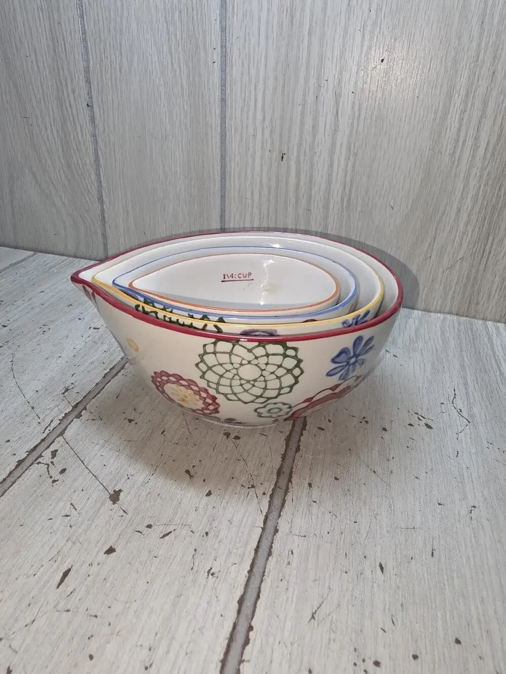 Pier 1 Imports Floral Hand Painted Stoneware Measuring Cups Set of 4 Baking